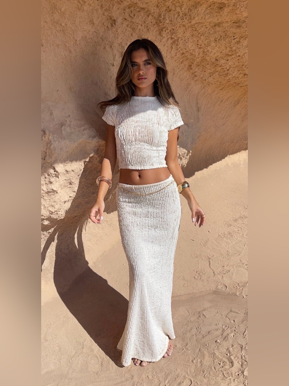 Cream Ribbed Knit Two-Piece Skirt Set — Chic Summer Ensemble